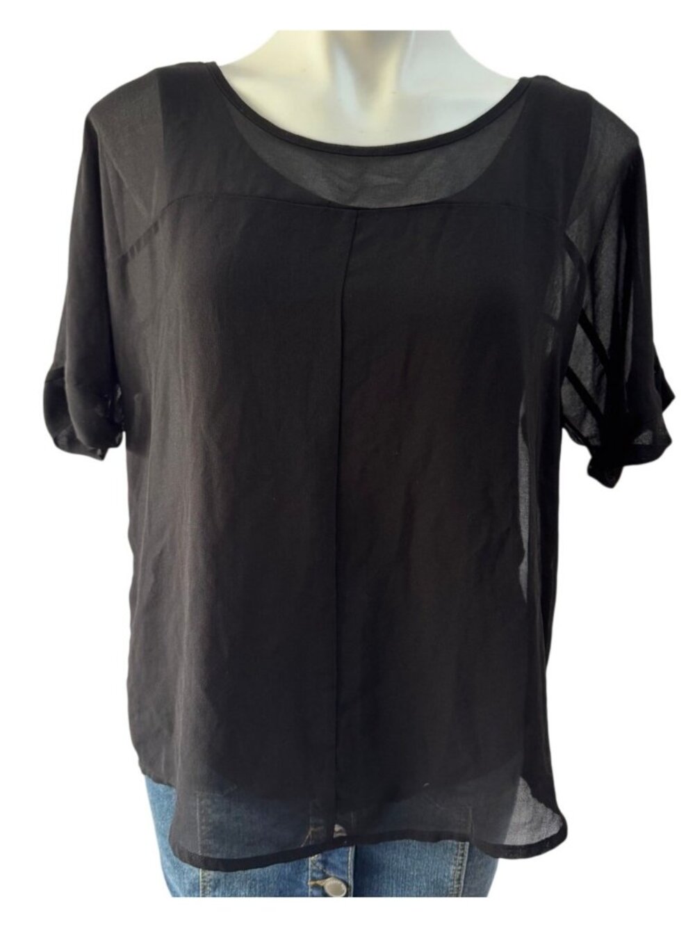 Worthington Sheer Overlay Black Top Short Sleeve- Medium